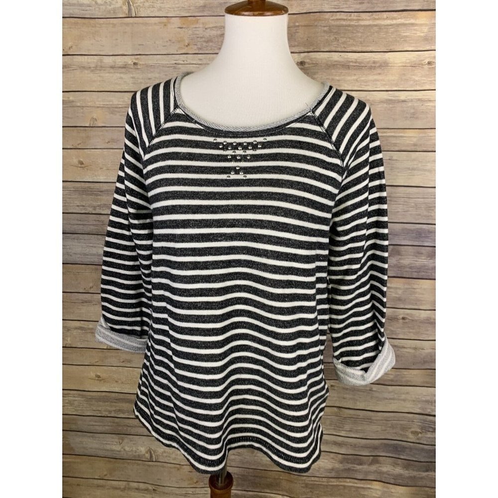 Anne Klein Large Striped French Terry Shirt Silver Collar Detail Raw Hem